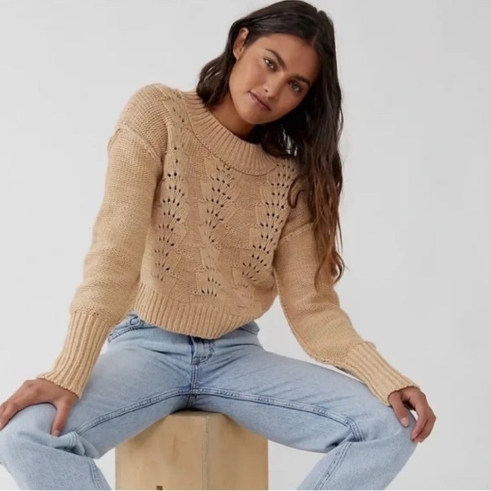 Free People Women's Bell Song Sweater Size M Tan Knit Cropped Boho Cottagecore